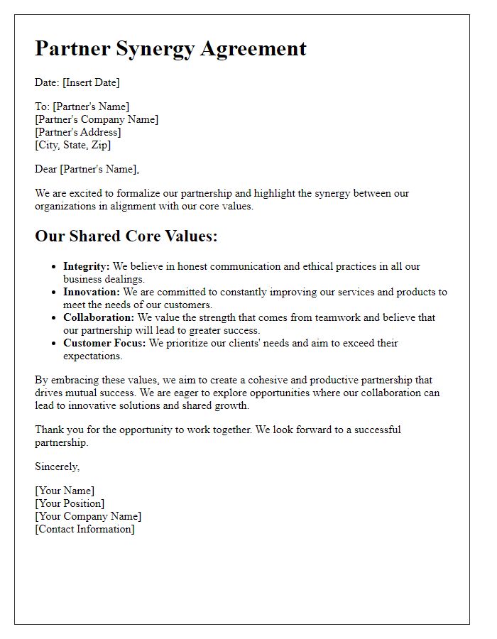 Letter template of partner synergy with business core values