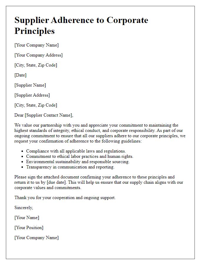 Letter template of supplier adherence to corporate principles