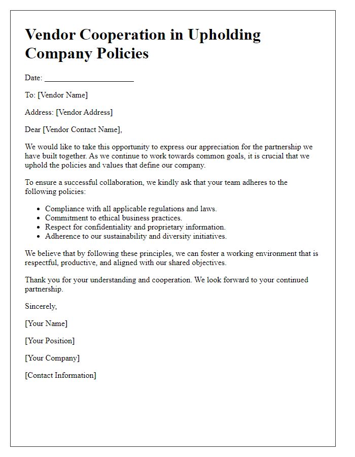 Letter template of vendor cooperation in upholding company policies