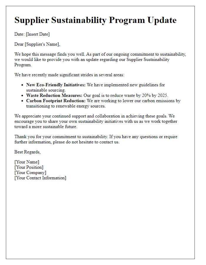 Letter template of communicating supplier sustainability program updates