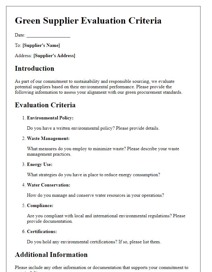 Letter template of green supplier evaluation criteria