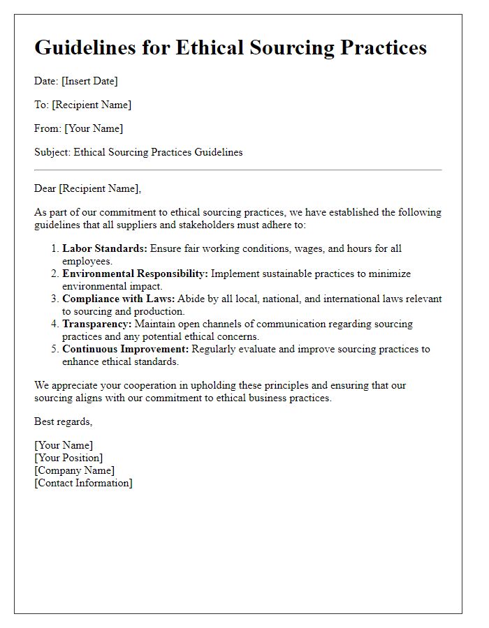 Letter template of guidelines for ethical sourcing practices