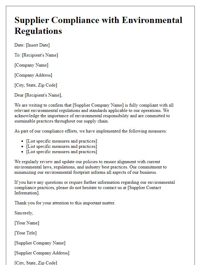 Letter template of supplier compliance with environmental regulations