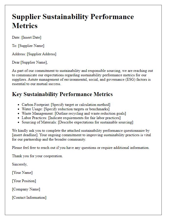 Letter template of sustainability performance metrics for suppliers