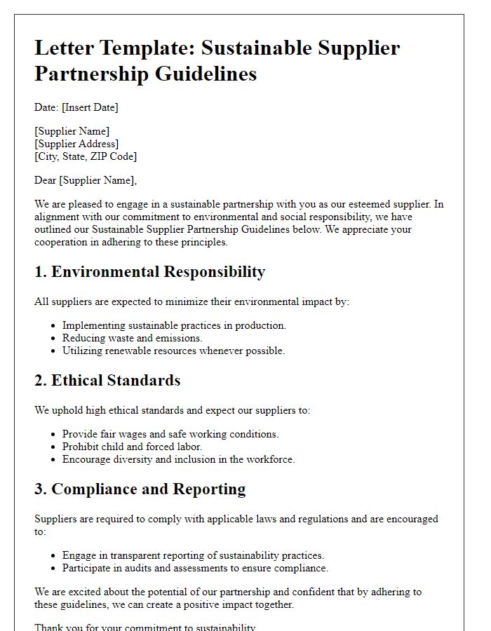 Letter template of sustainable supplier partnership guidelines