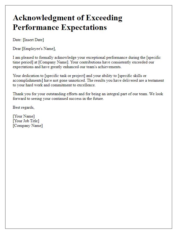 Letter template of acknowledgment for exceeding performance expectations