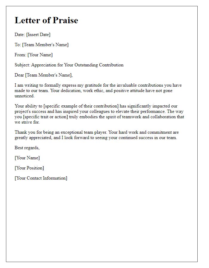 Letter template of praise for a valuable team player