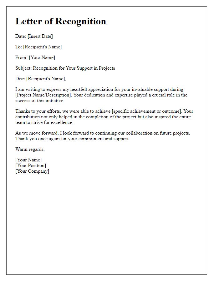 Letter template of recognition for support in projects