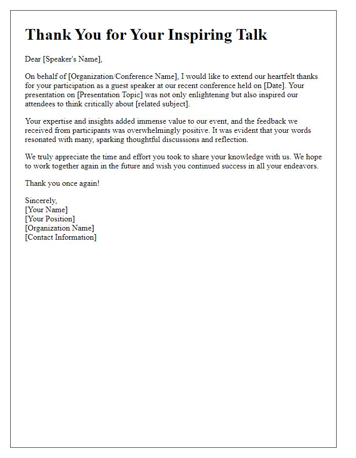 Letter template of thanks for a guest speaker at a conference.