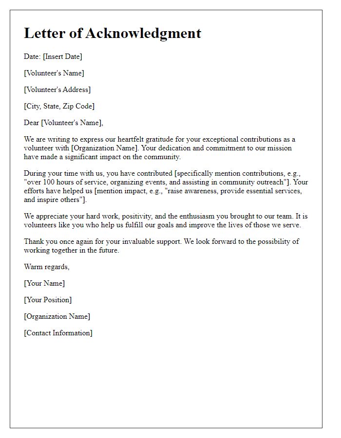 Letter template of acknowledgment for a volunteer's contributions.