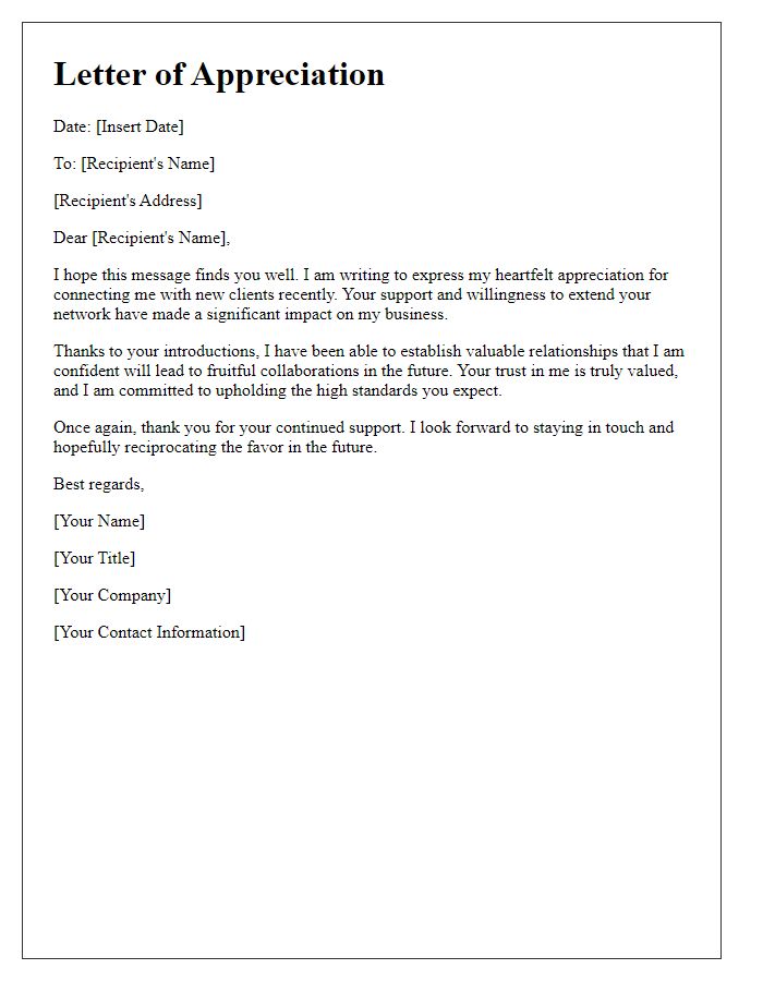 Letter template of appreciation for connecting me with new clients