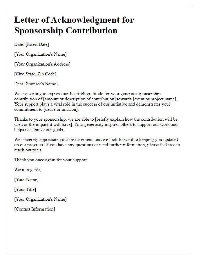 Letter template of acknowledgment for sponsorship contribution