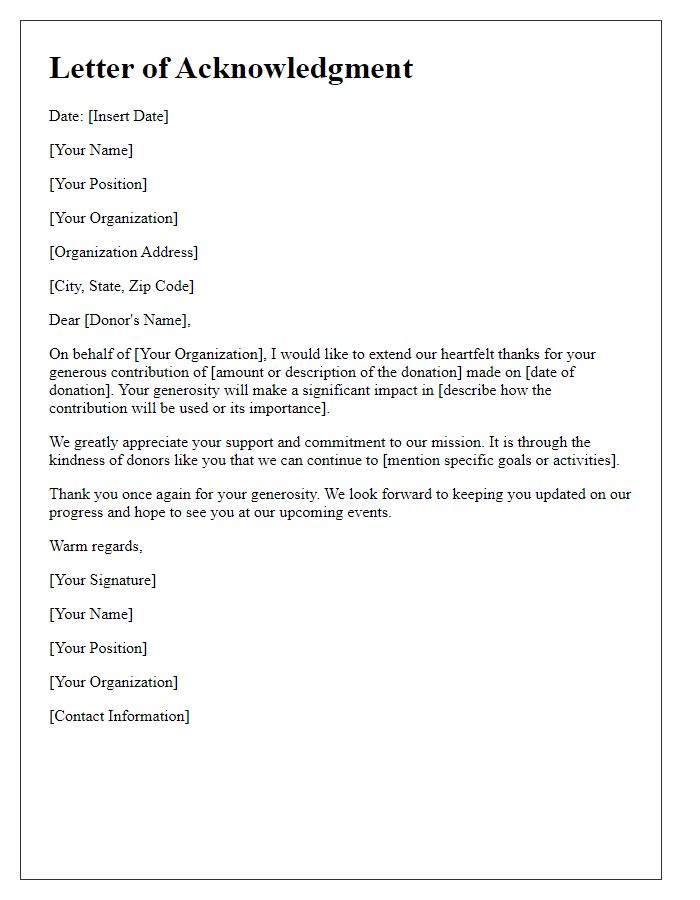 Letter template of acknowledgment for your generous contribution