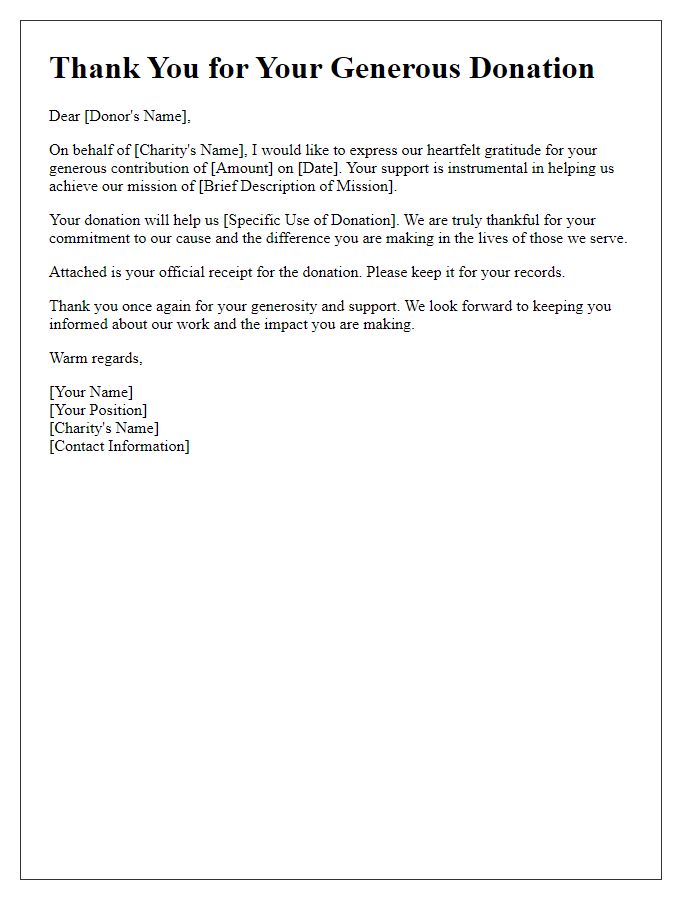 Letter template of appreciation for charitable donation receipt