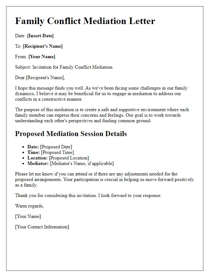 Letter template of a framework for family conflict mediation.