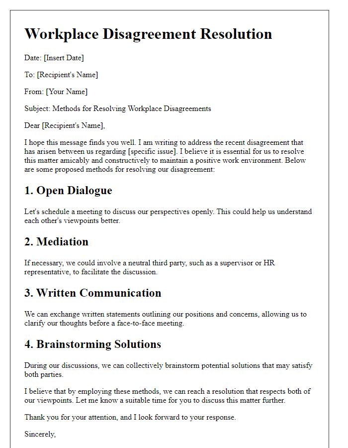 Letter template of methods for resolving workplace disagreements.