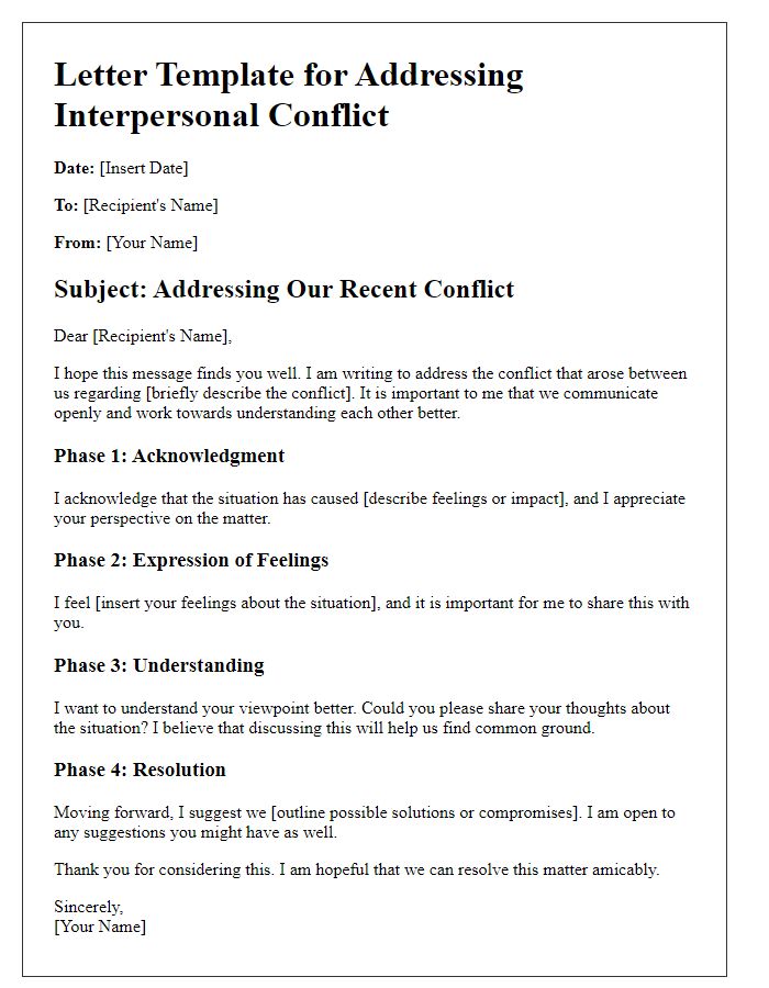 Letter template of phases in addressing interpersonal conflict.