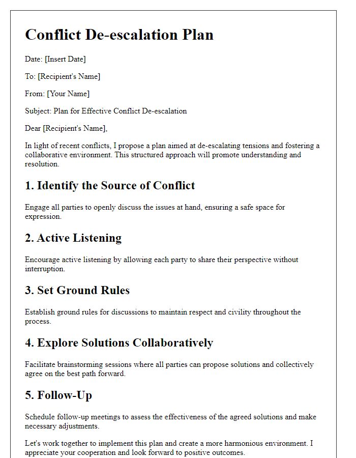 Letter template of a plan for de-escalating conflicts effectively.