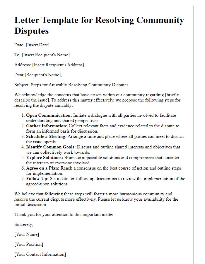 Letter template of steps for resolving community disputes amicably.