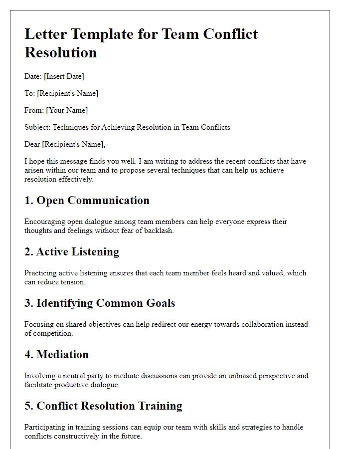 Letter template of techniques for achieving resolution in team conflicts.