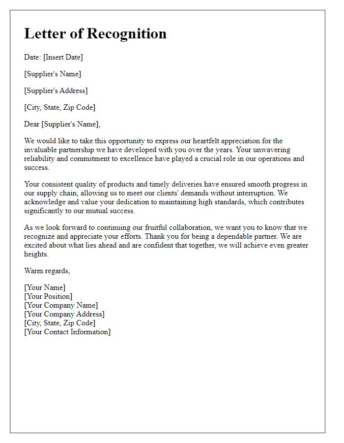 Letter template of recognition for dependable supplier partnership