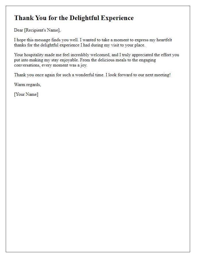 Letter template of thanks for the delightful experience at your place.