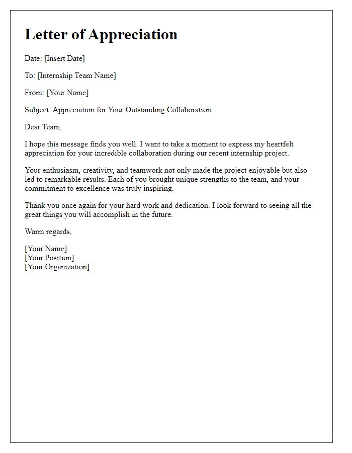 Letter template of appreciation for internship team collaboration