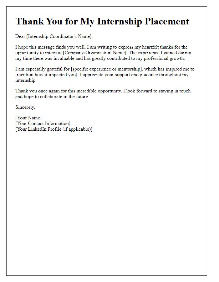 Letter template of thanks for internship placement