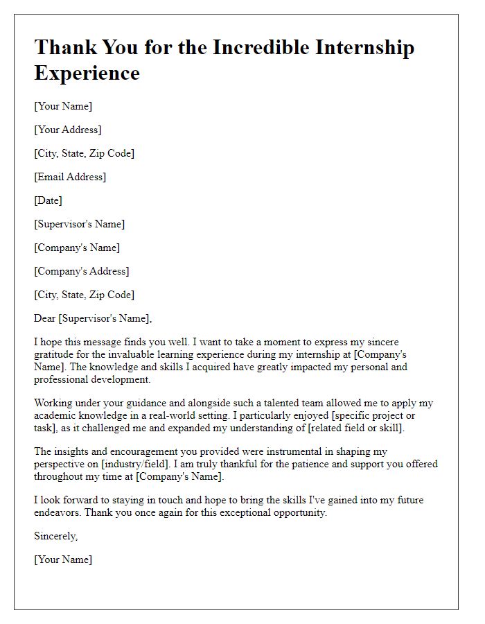 Letter template of thanks for valuable internship learning