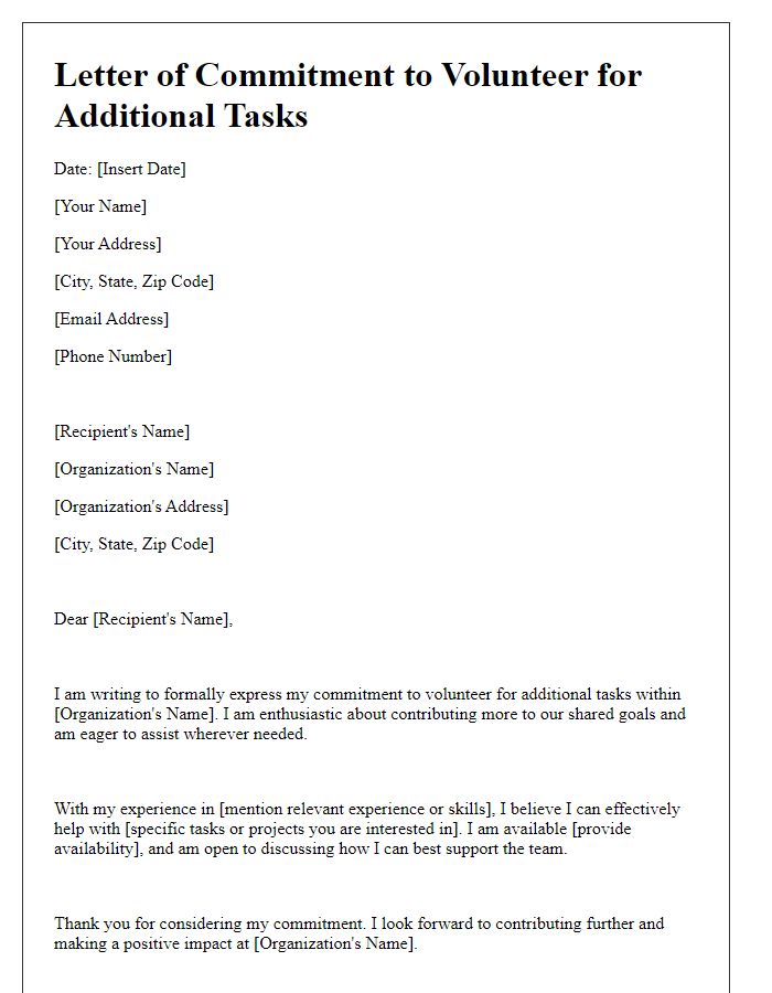 Letter template of commitment to volunteer for additional tasks