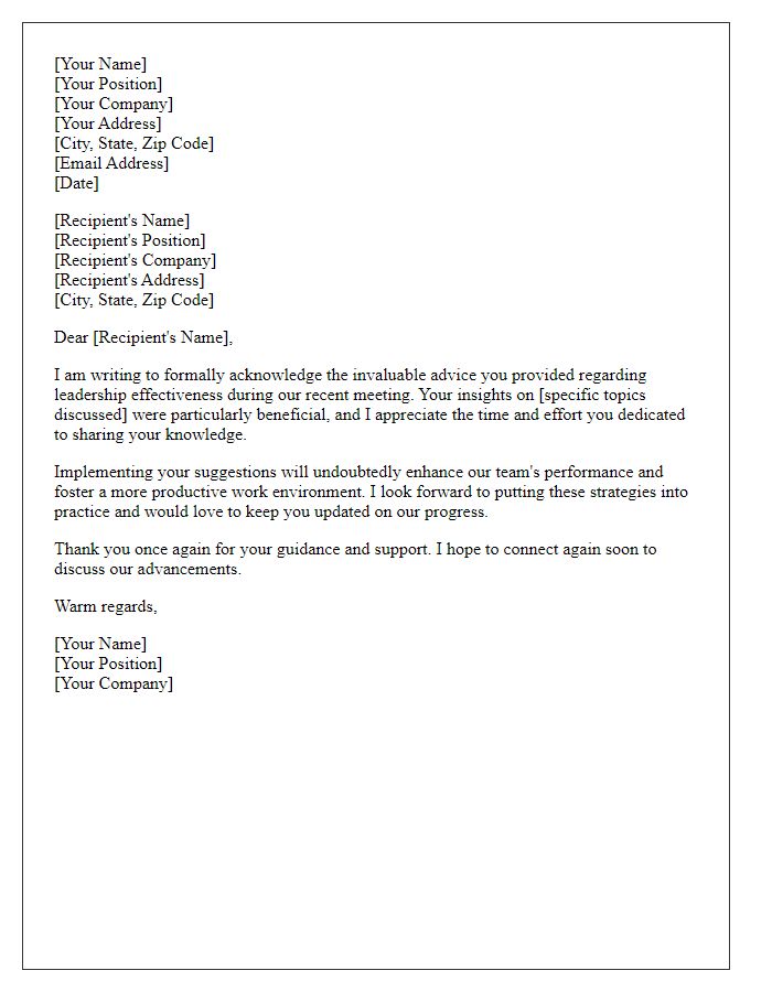 Letter template of acknowledgment for advice on leadership effectiveness.