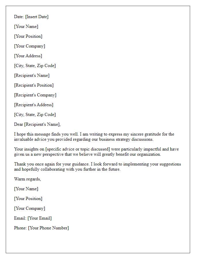 Letter template of acknowledgment for valuable advice in business strategy.