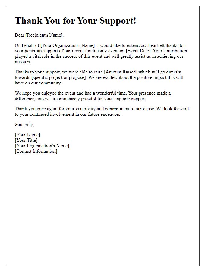 Letter template of thank you for support to fundraising event.