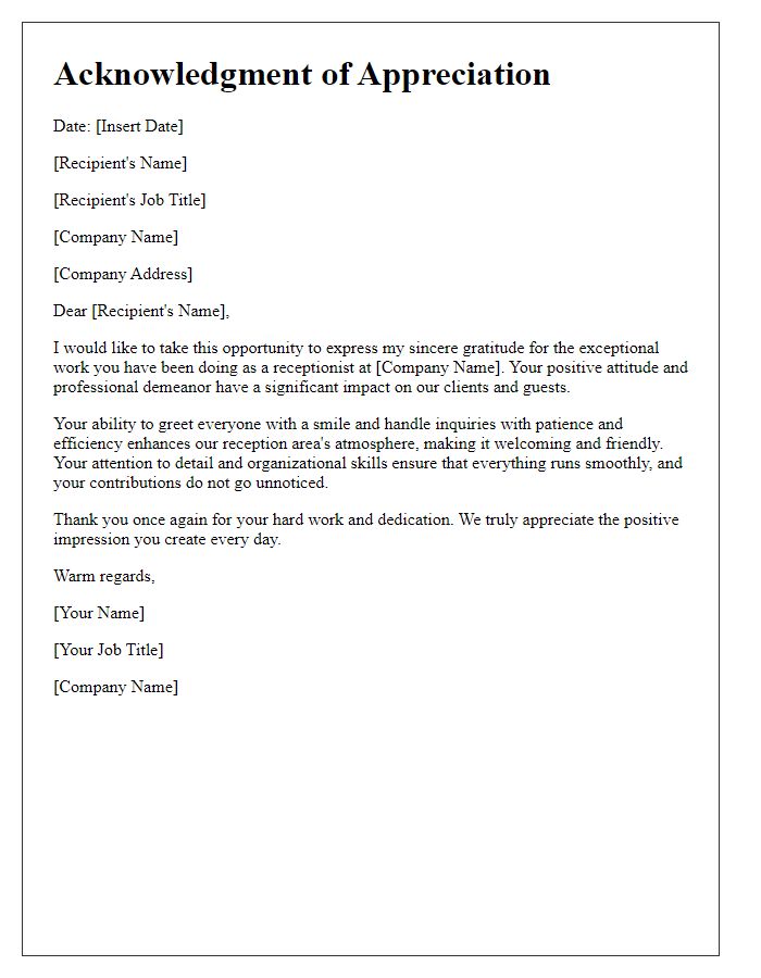 Letter template of acknowledgment for receptionist's positive impact