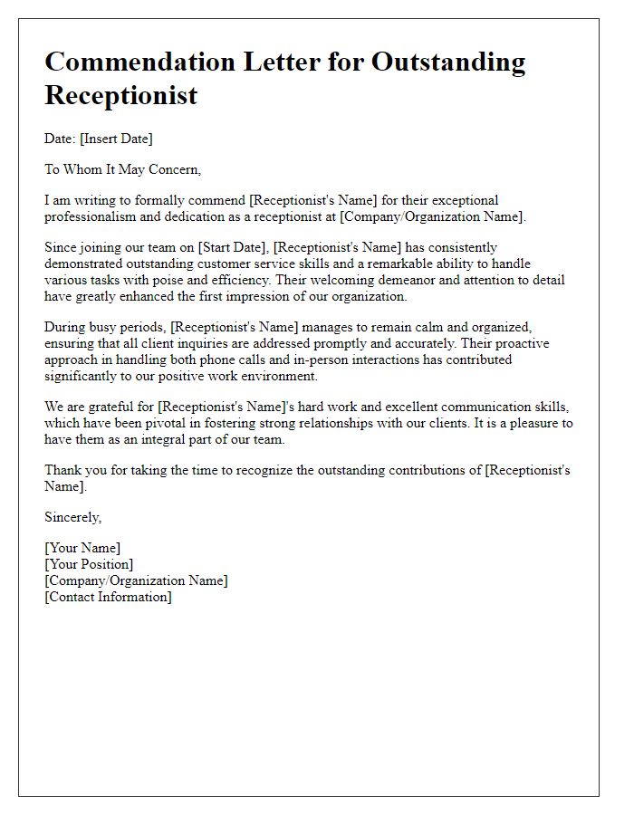 Letter template of commendation for receptionist's professionalism