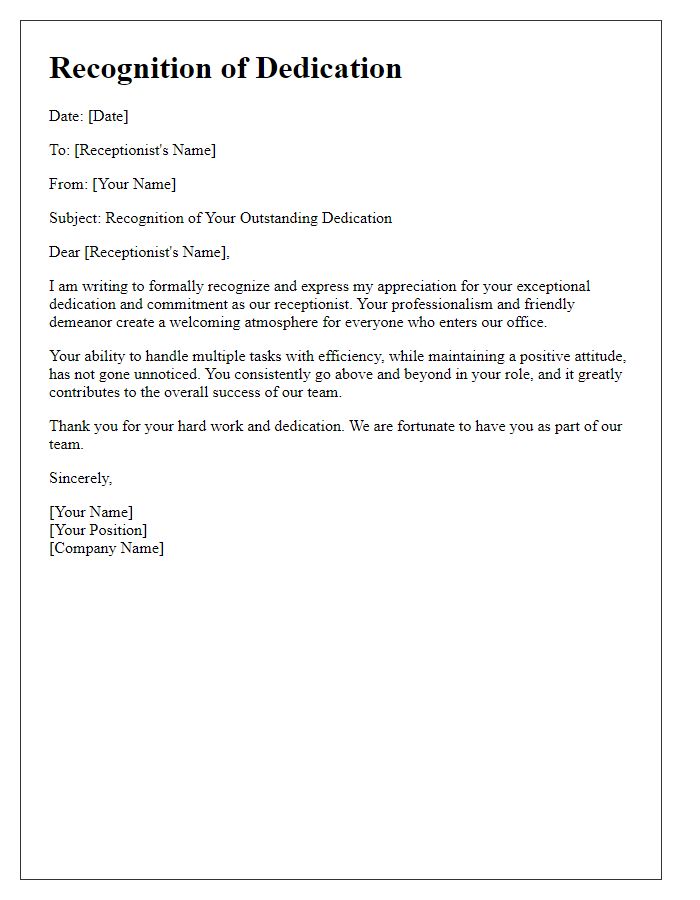 Letter template of recognition for receptionist's dedication