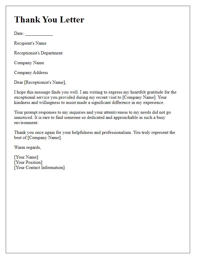 Letter template of thanks for receptionist's helpfulness