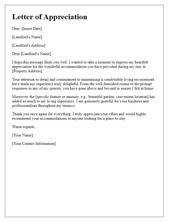 Letter template of appreciation for a landlords wonderful accommodation.