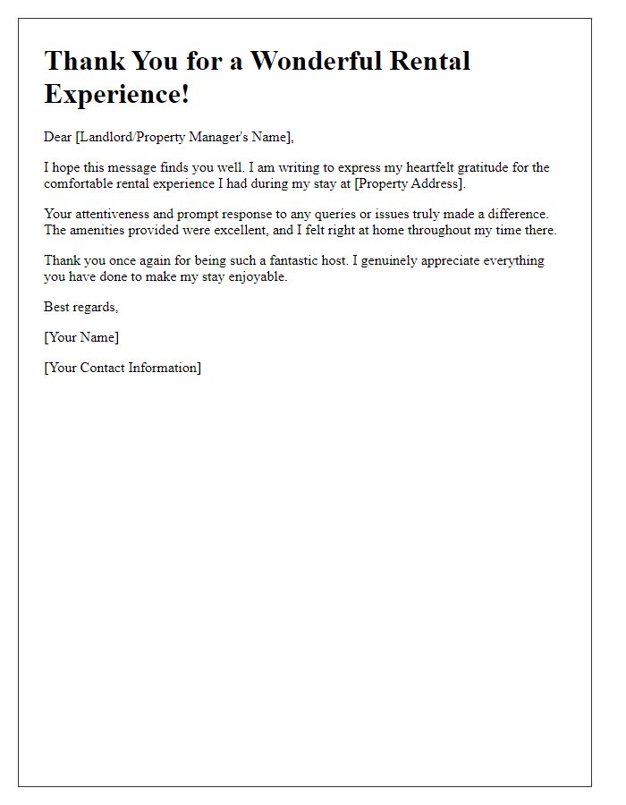 Letter template of gratitude for a comfortable rental experience.