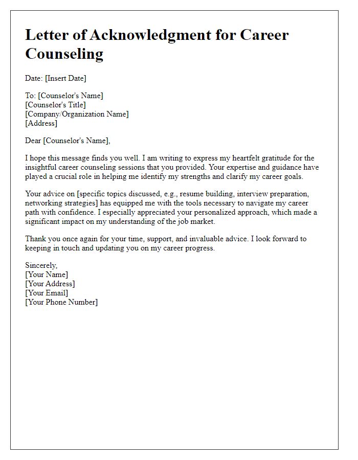 Letter template of acknowledgment for insightful career counseling.