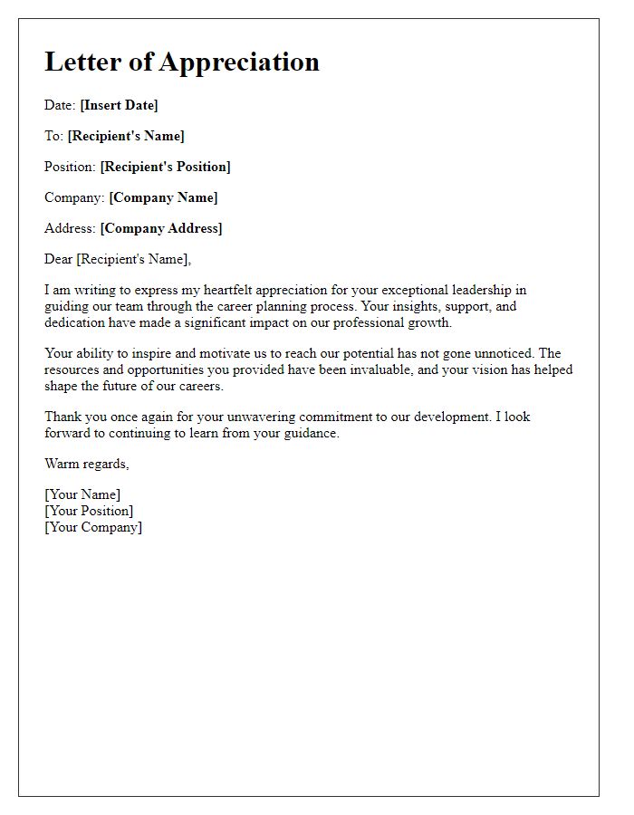 Letter template of appreciation for leadership in career planning.