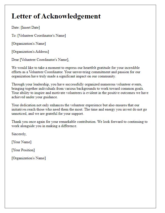 Letter template of acknowledgement for a volunteer coordinator's impact