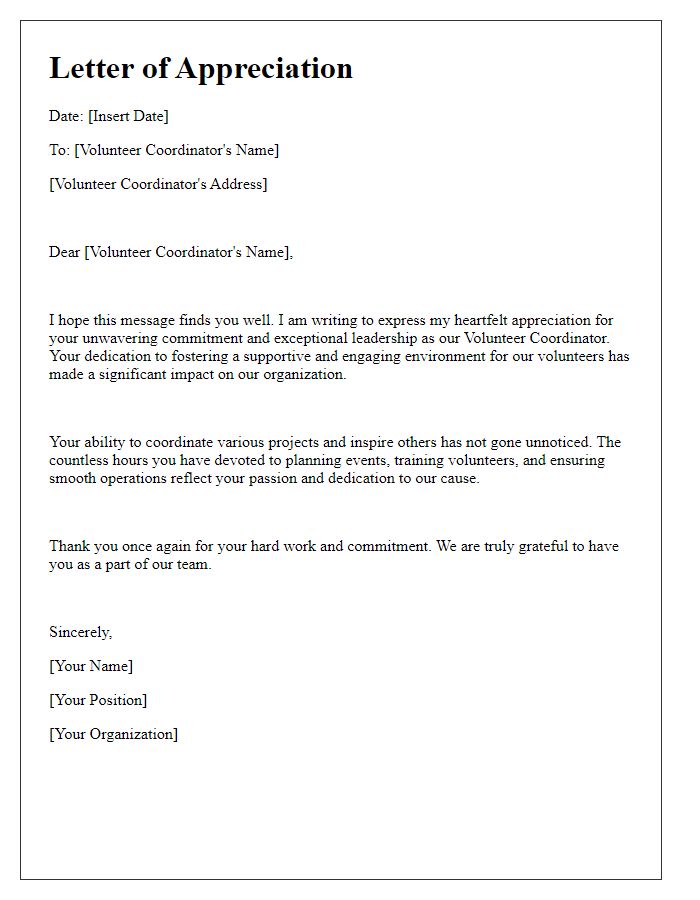 Letter template of appreciation for a volunteer coordinator's commitment