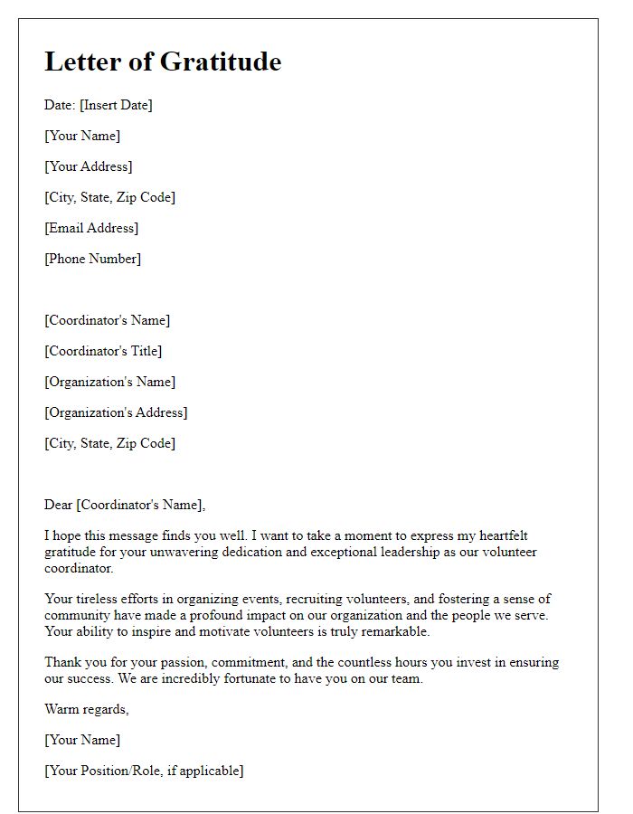 Letter template of gratitude for a volunteer coordinator's dedication