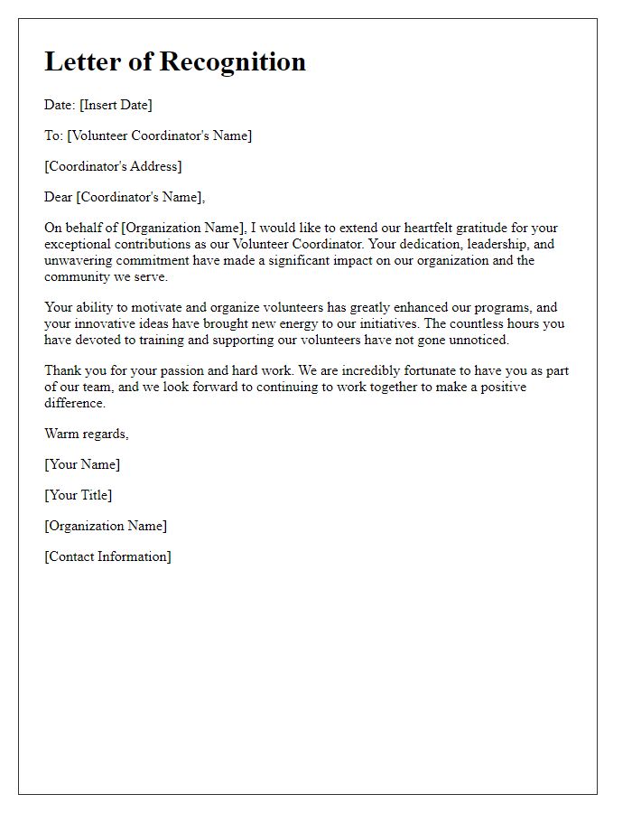 Letter template of recognition for a volunteer coordinator's contributions