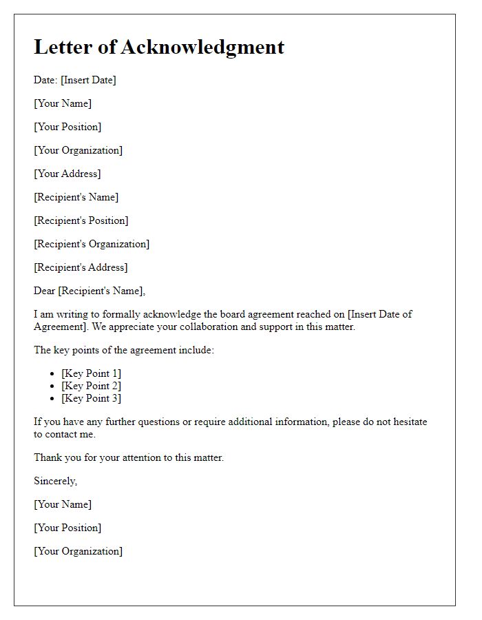 Letter template of acknowledgment for board agreement