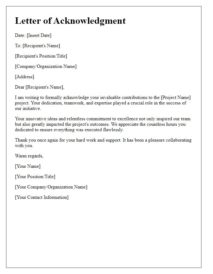 Letter template of acknowledgment for invaluable contributions in project teamwork