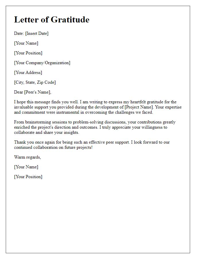 Letter template of gratitude for effective peer support during project development