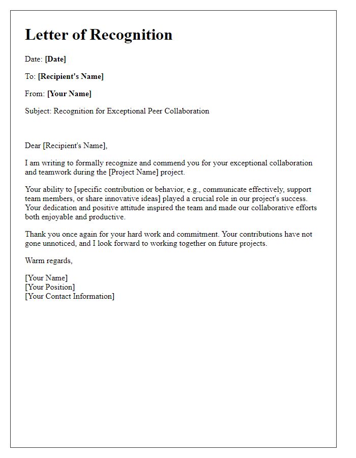 Letter template of recognition for exceptional peer collaboration in project work