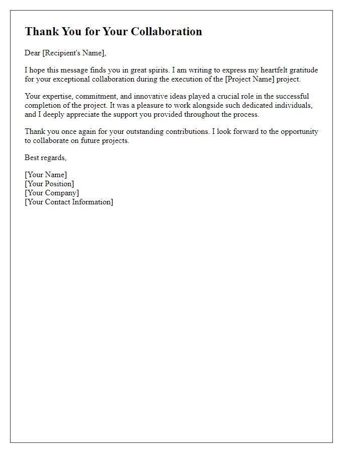 Letter template of thanks for collaboration excellence in project execution